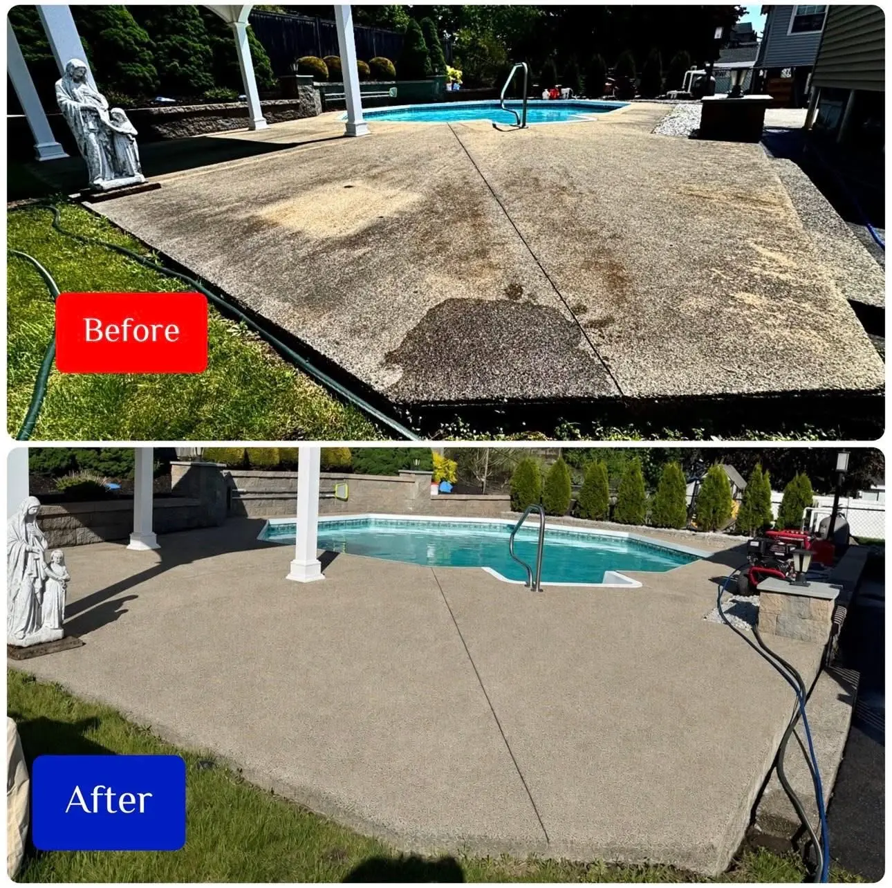 Before and after pool deck pressure washing