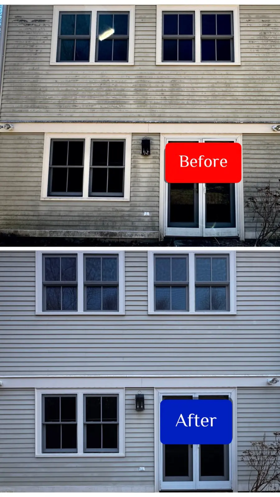 Before and after multi-story siding wash
