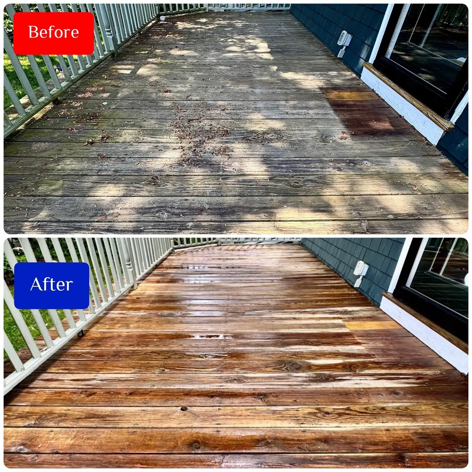 Before and after wooden walkway cleaning