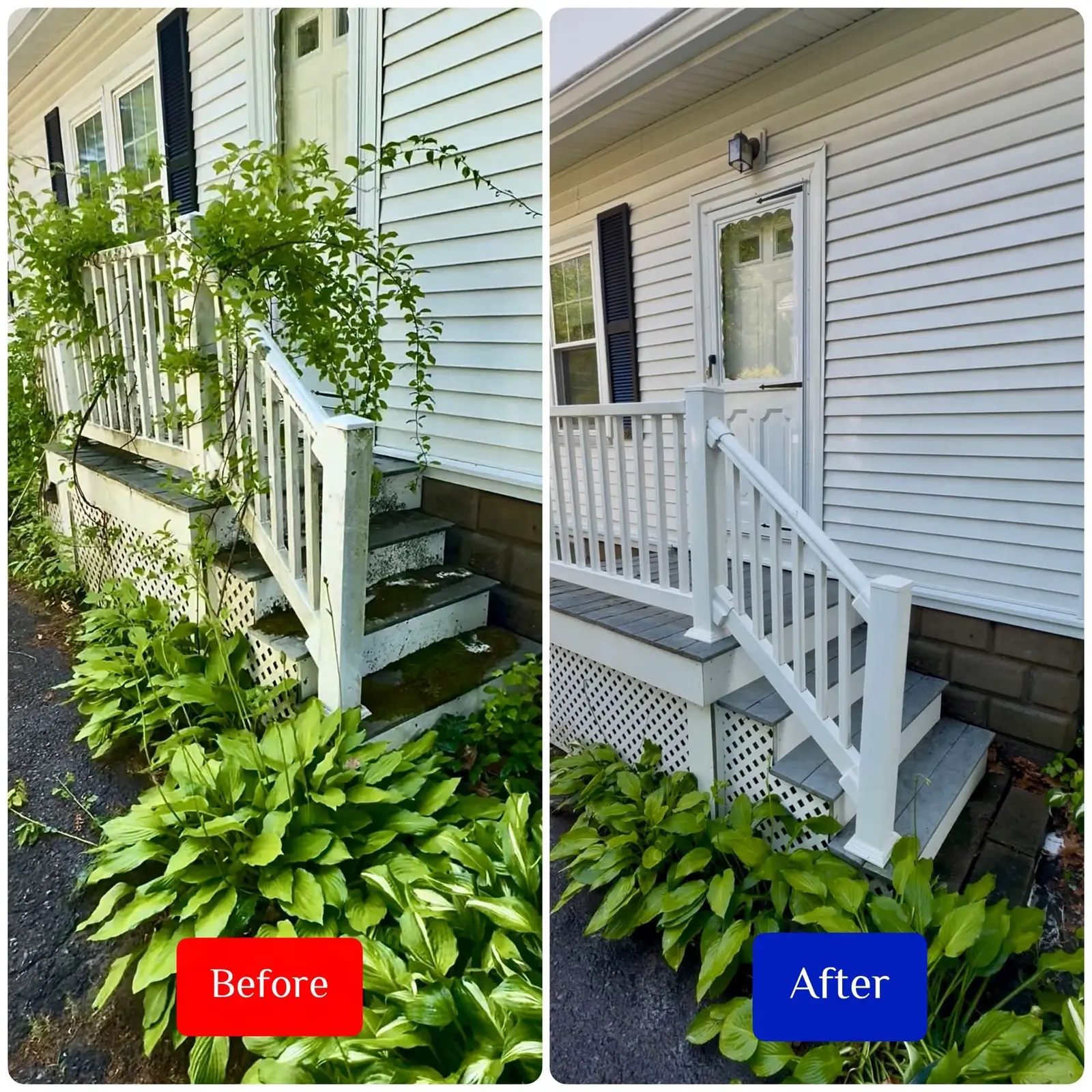 Before and after porch and railing cleaning