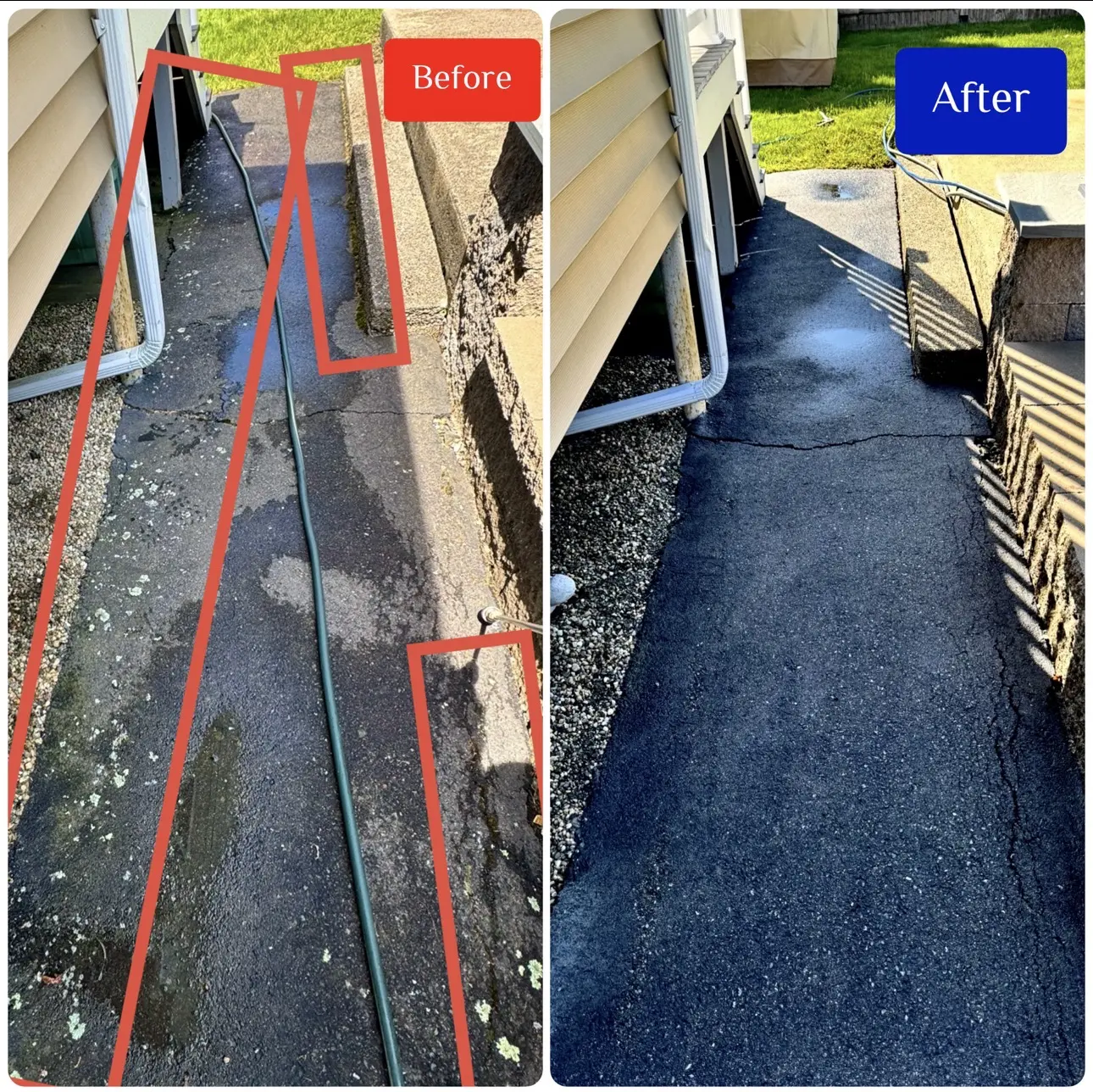 Before and after walkway and asphalt cleaning