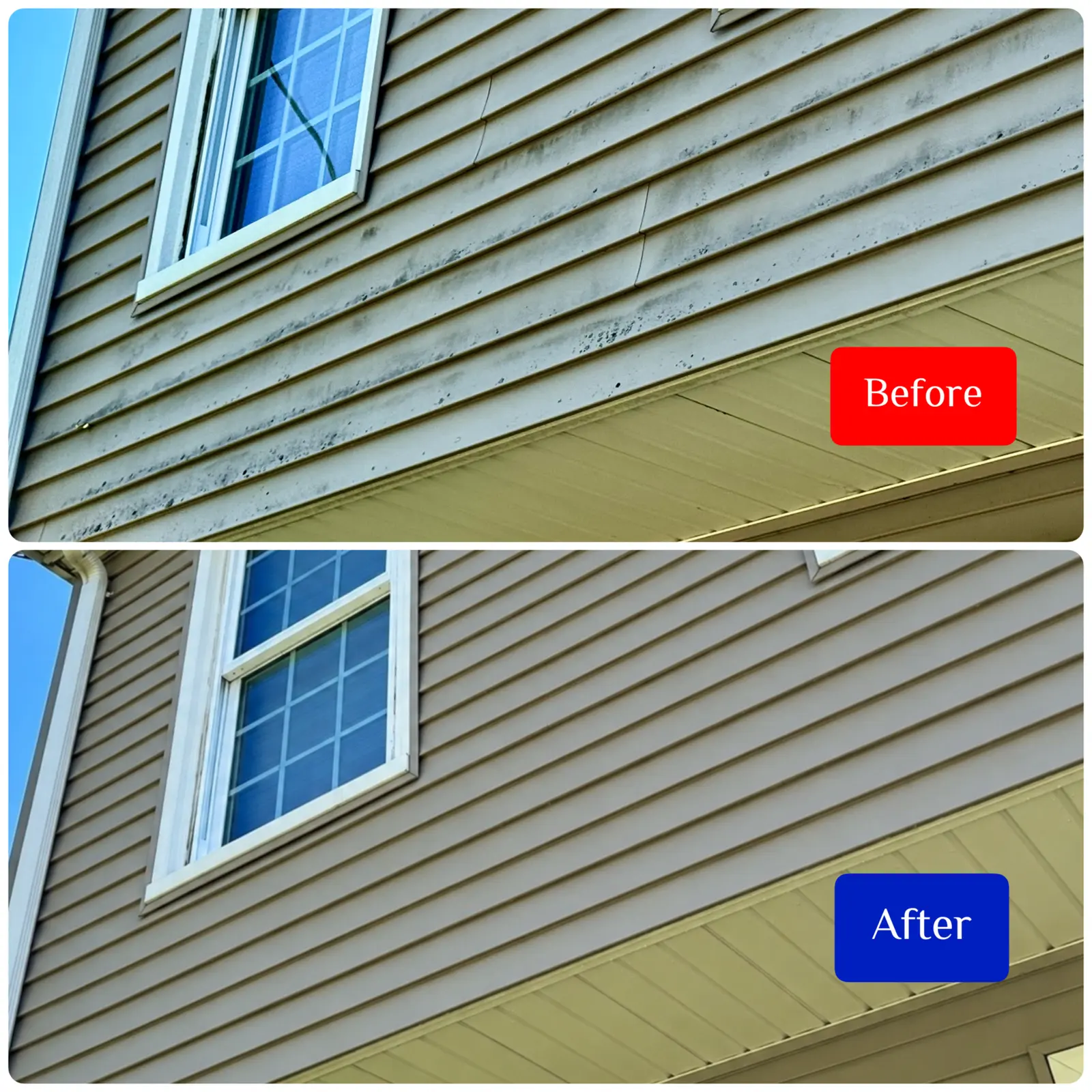 Before and after upper-story siding cleaning