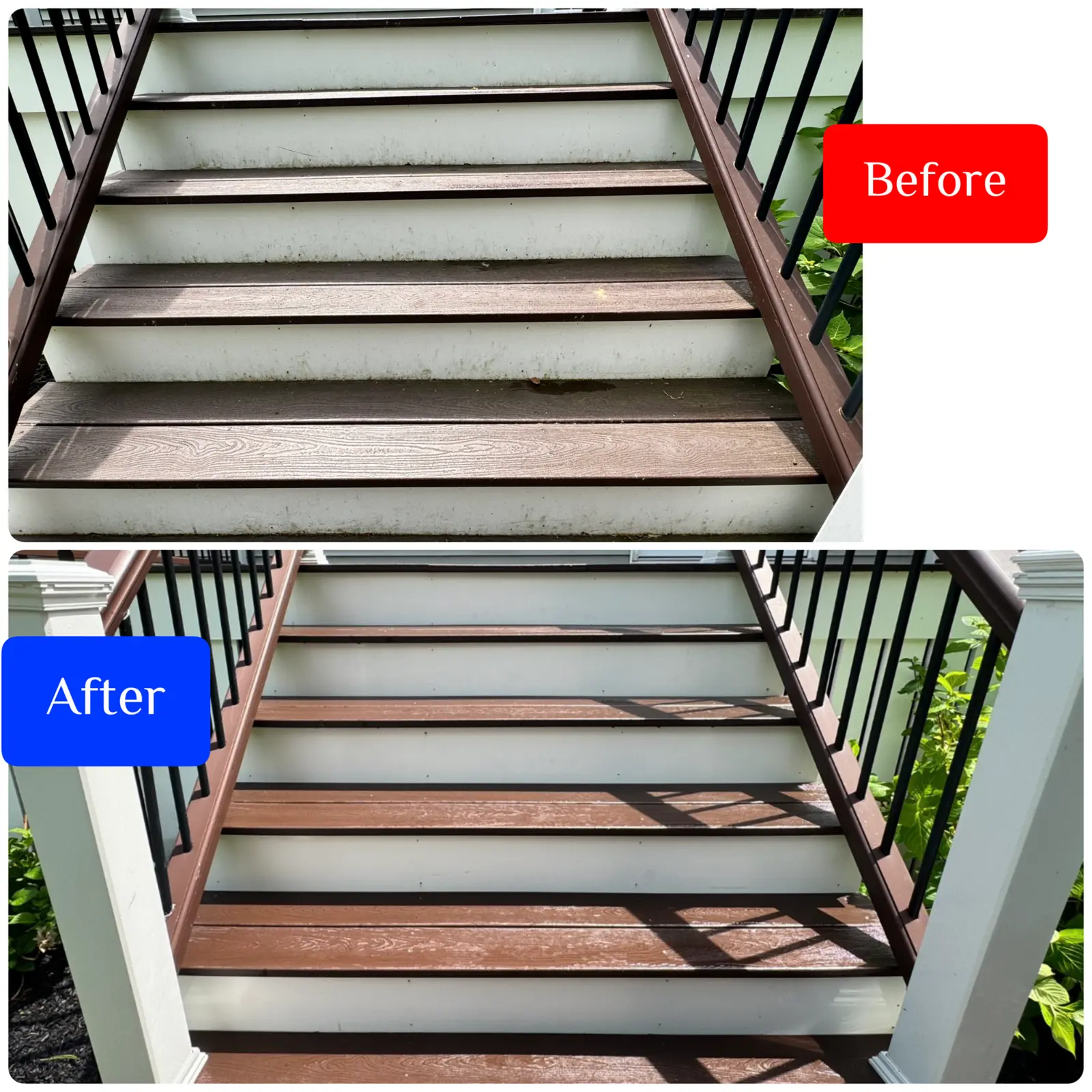 Before and after exterior stair cleaning