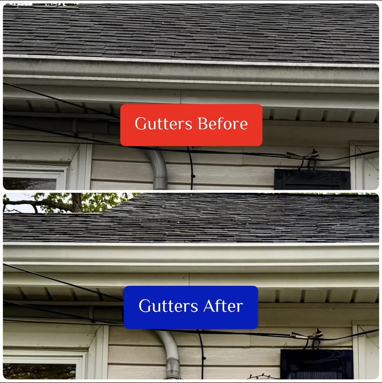 Before and after residential gutter cleaning