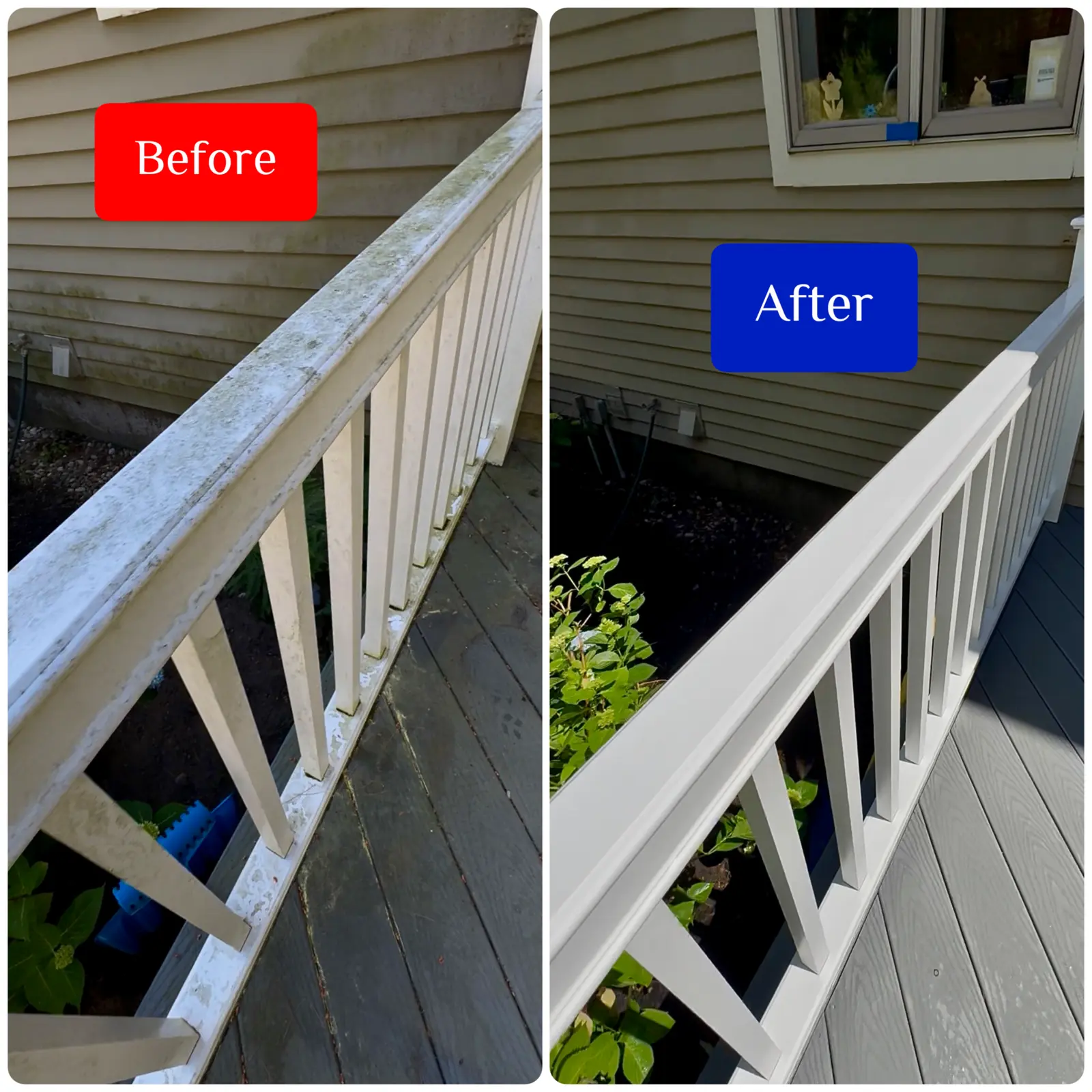 Before and after porch railing cleaning