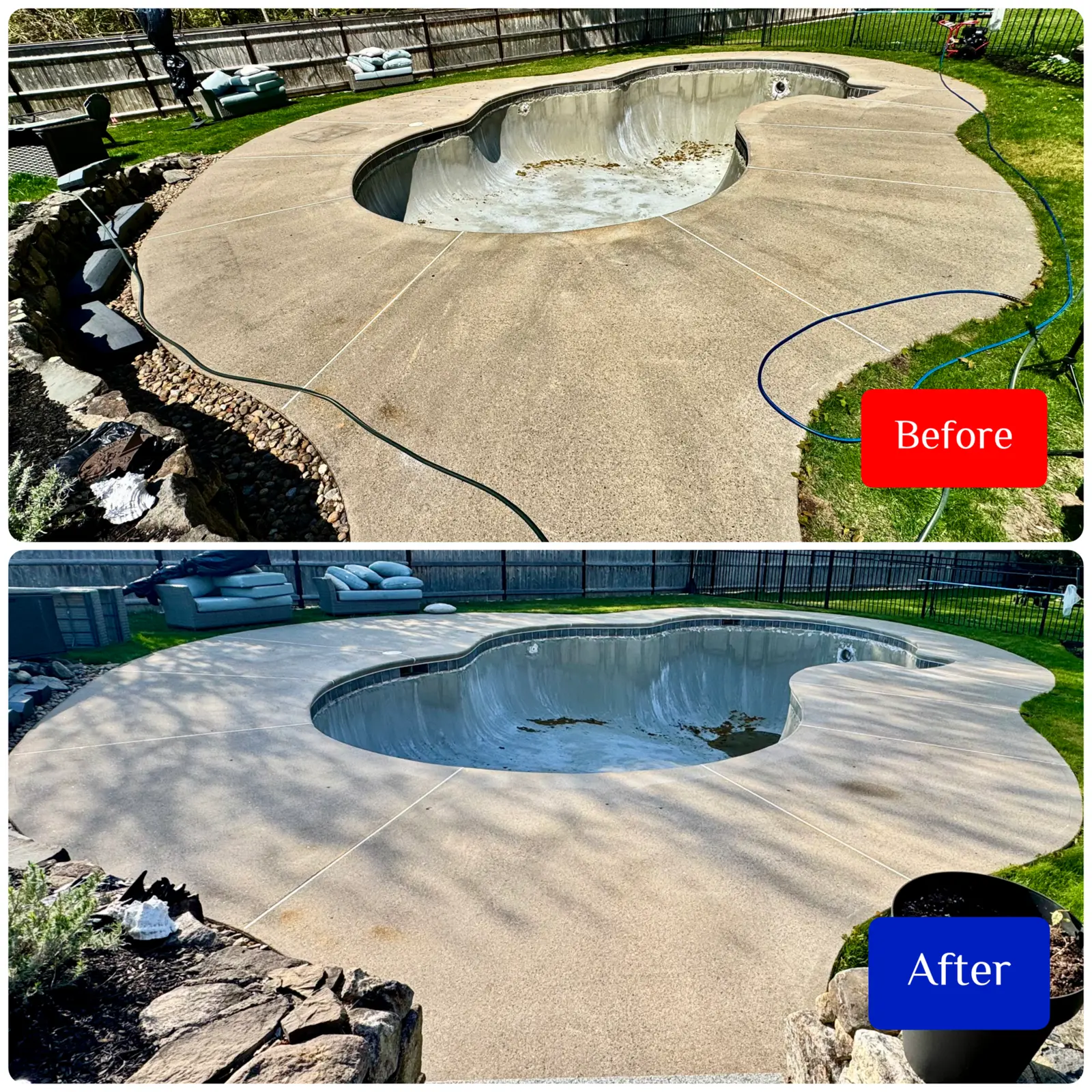 Before and after pool surround pressure washing