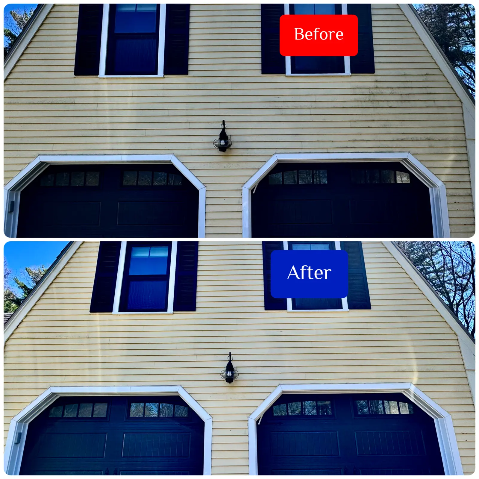 Before and after garage exterior washing