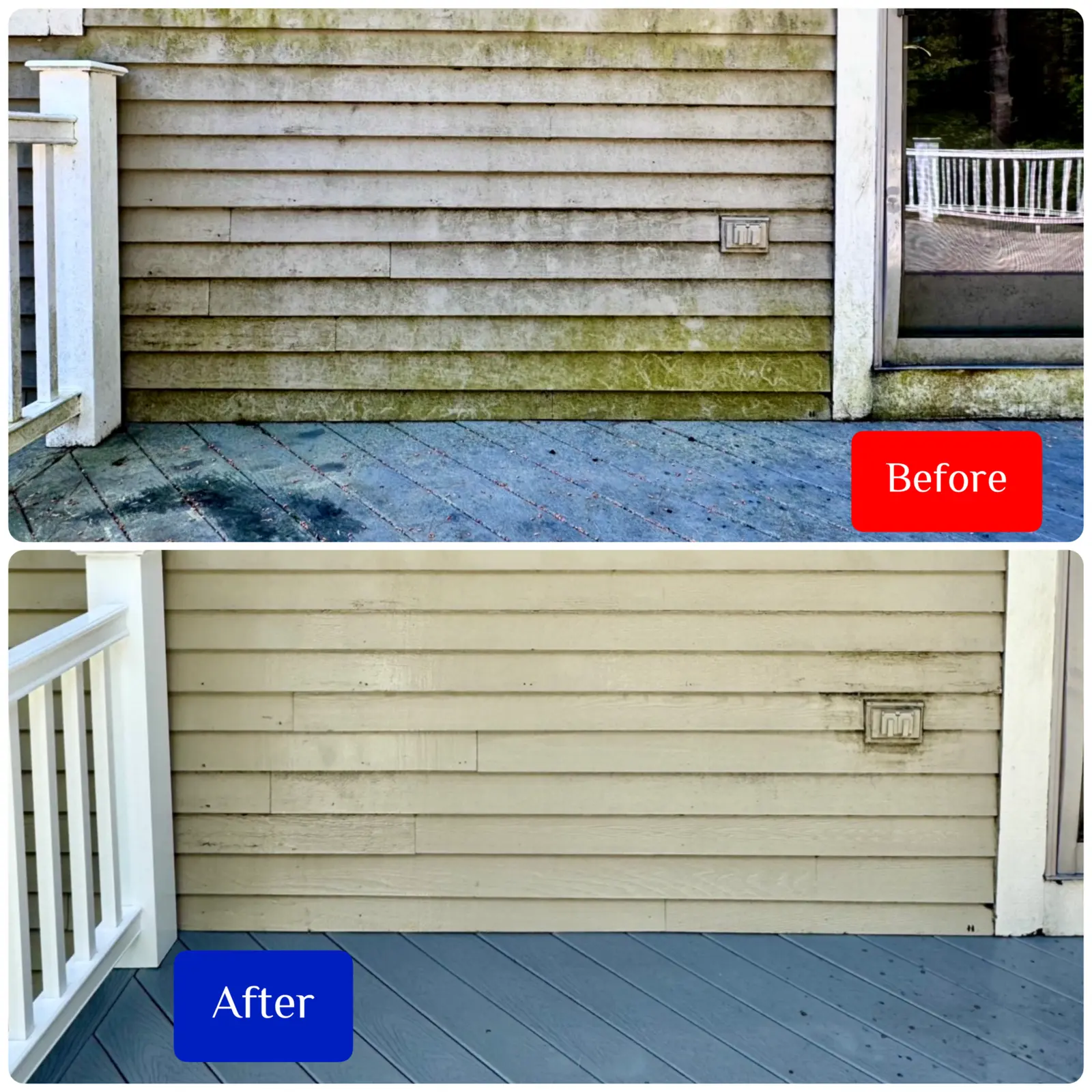 Before and after garage siding cleaning