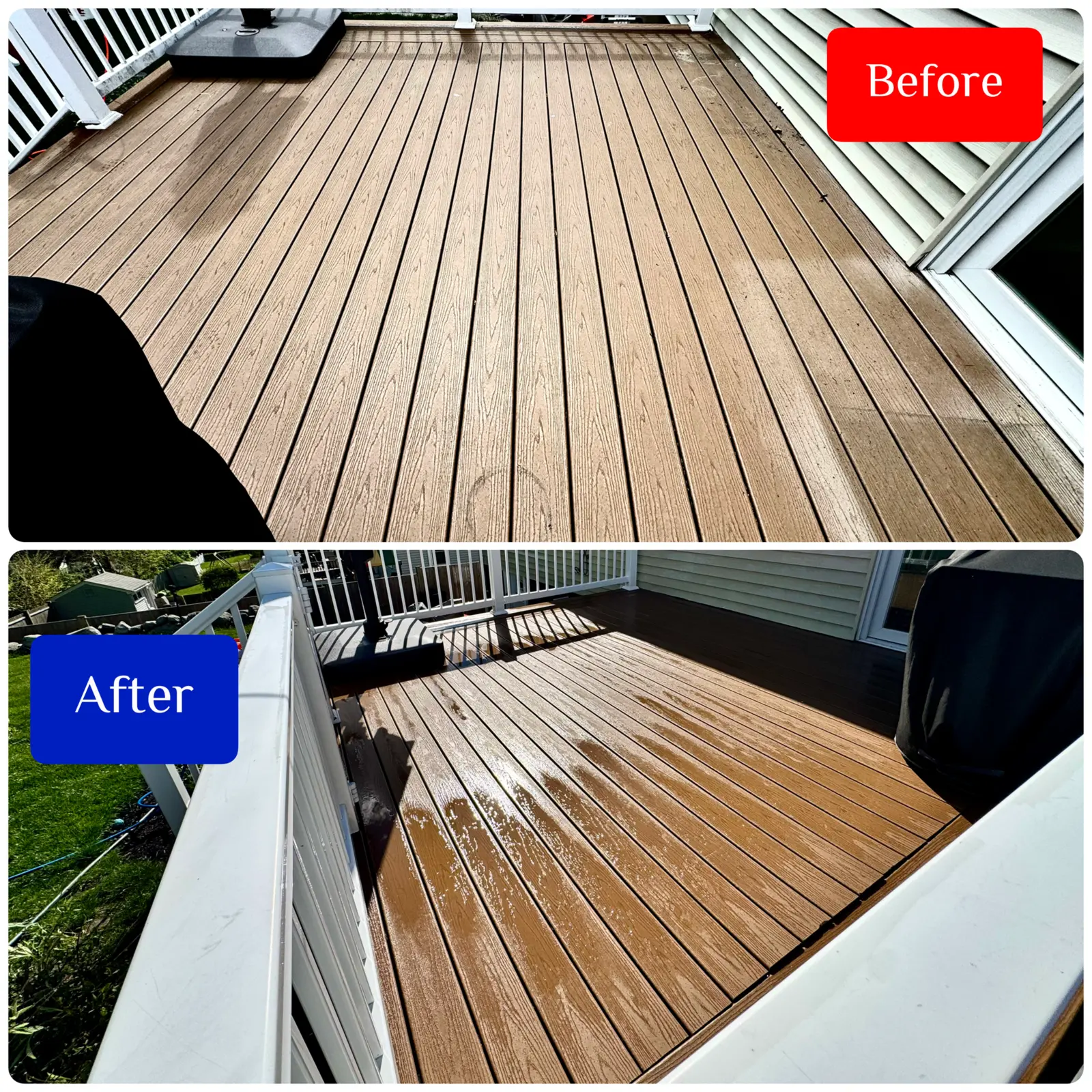 Before and after wooden deck washing