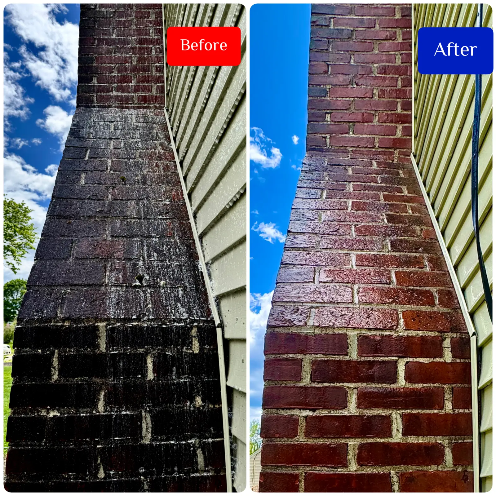 Before and after brick chimney cleaning