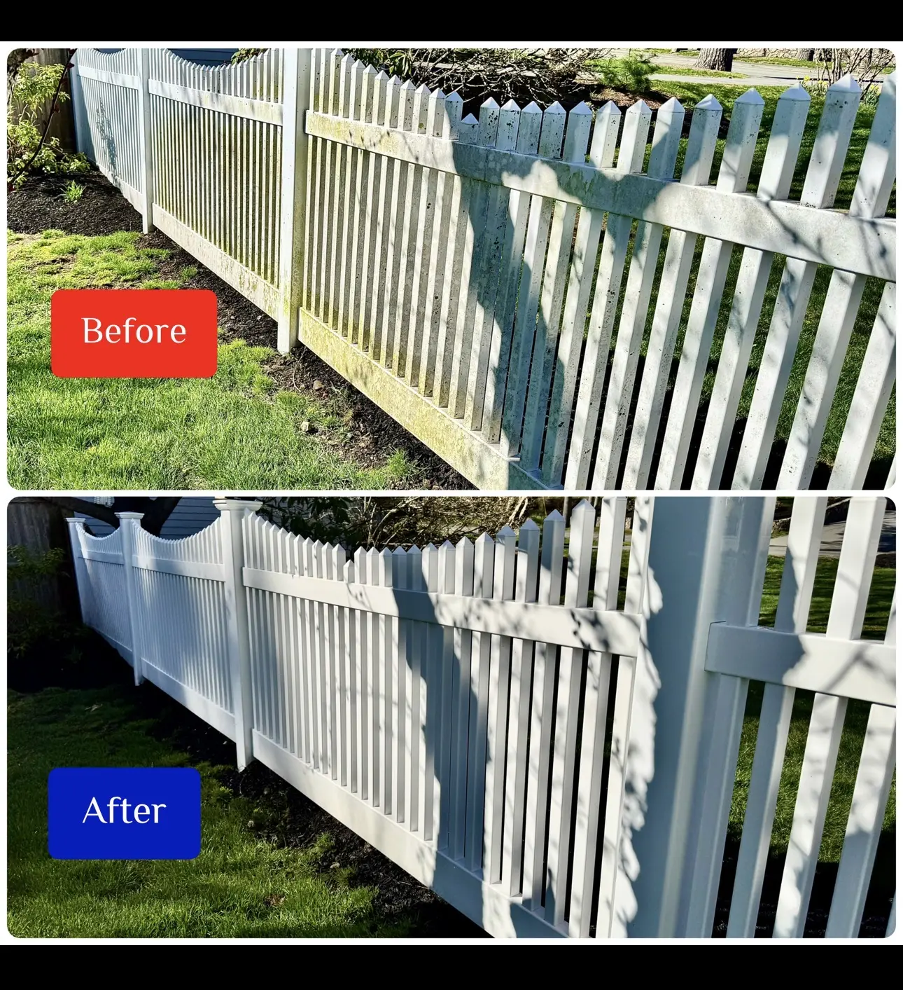 Before and after white fence cleaning