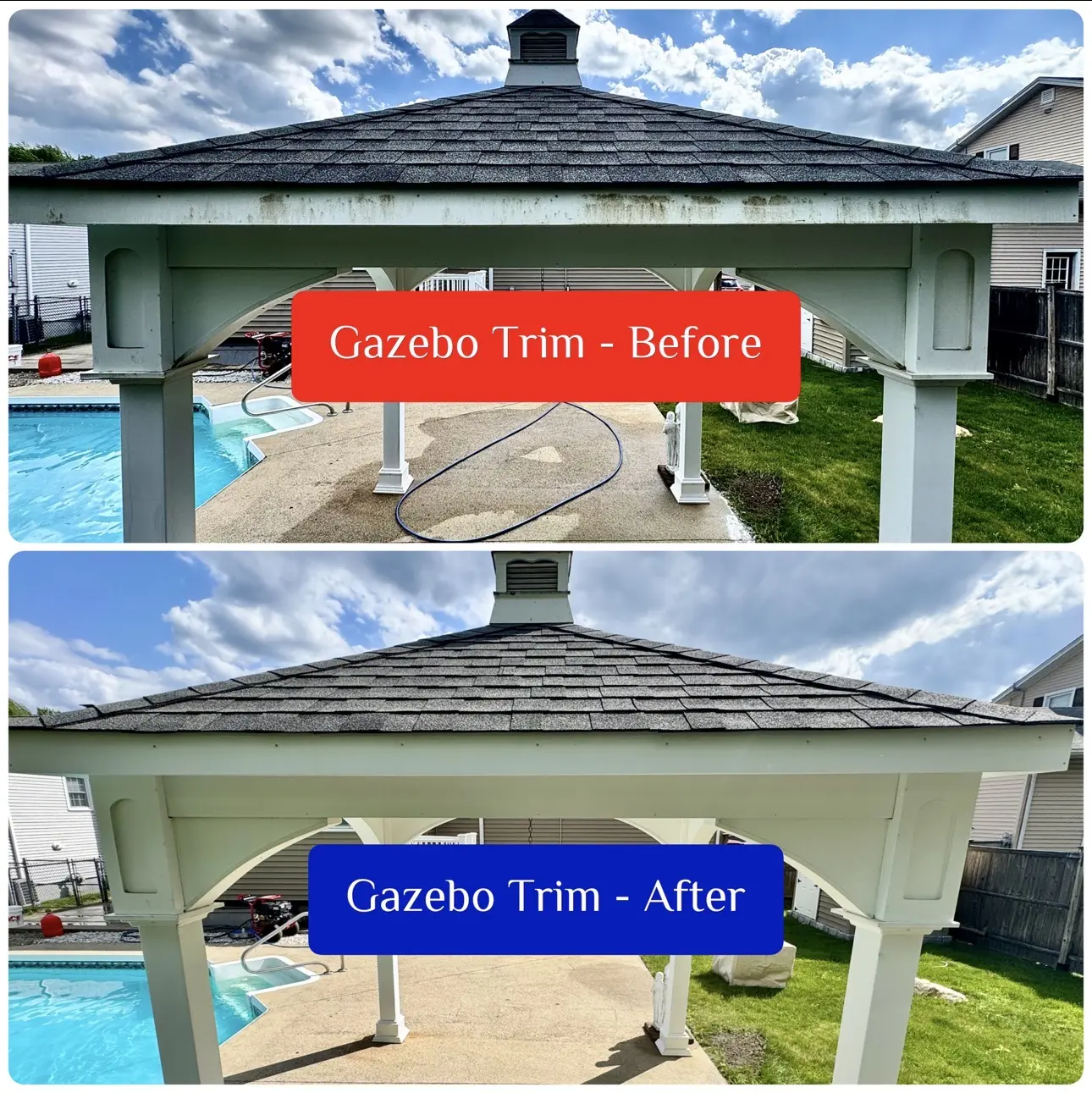 Before and after poolside gazebo trim cleaning