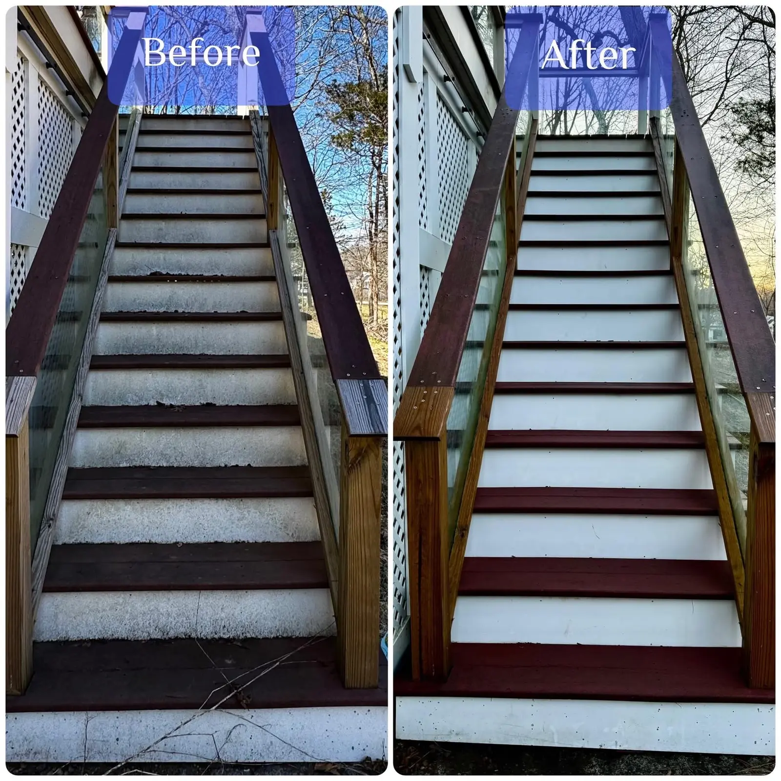 Before and after exterior staircase washing