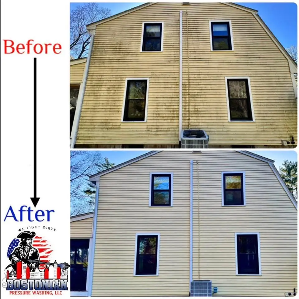 Before and after multi-story building washing