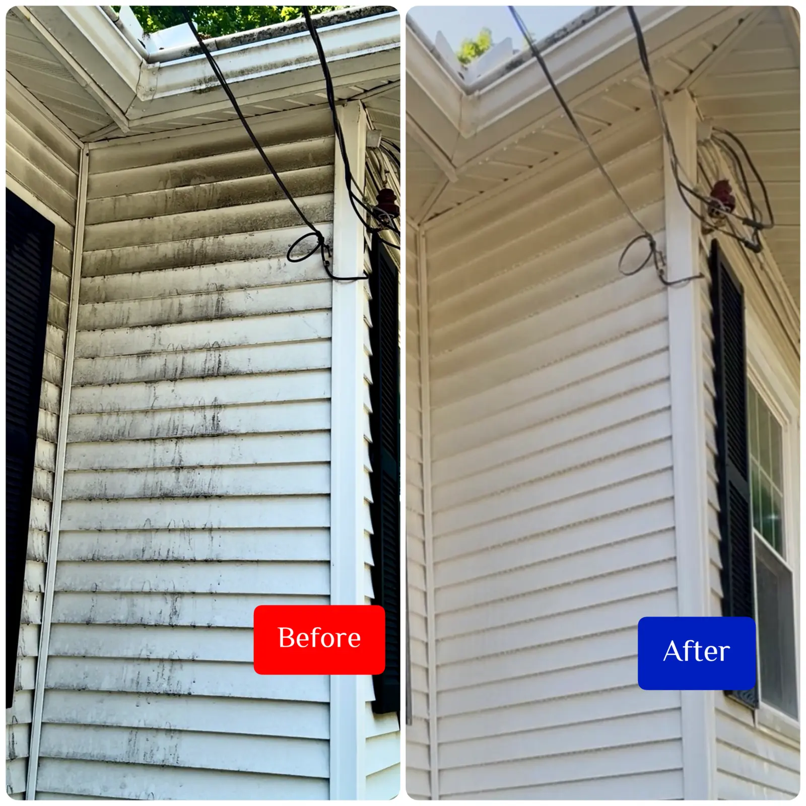 Before and after utility-side siding wash
