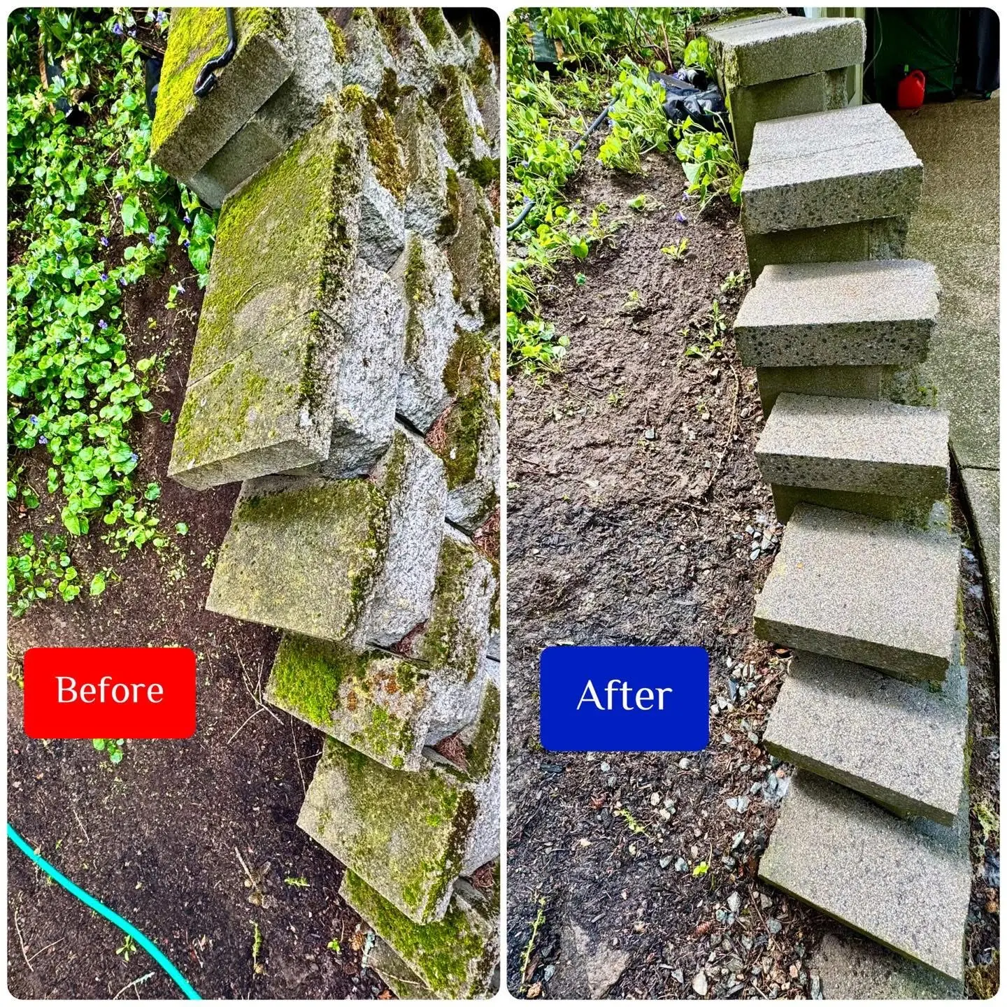 Before and after stone step pressure washing