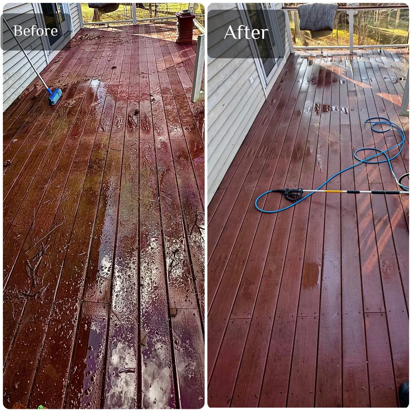 Before and after wood deck cleaning