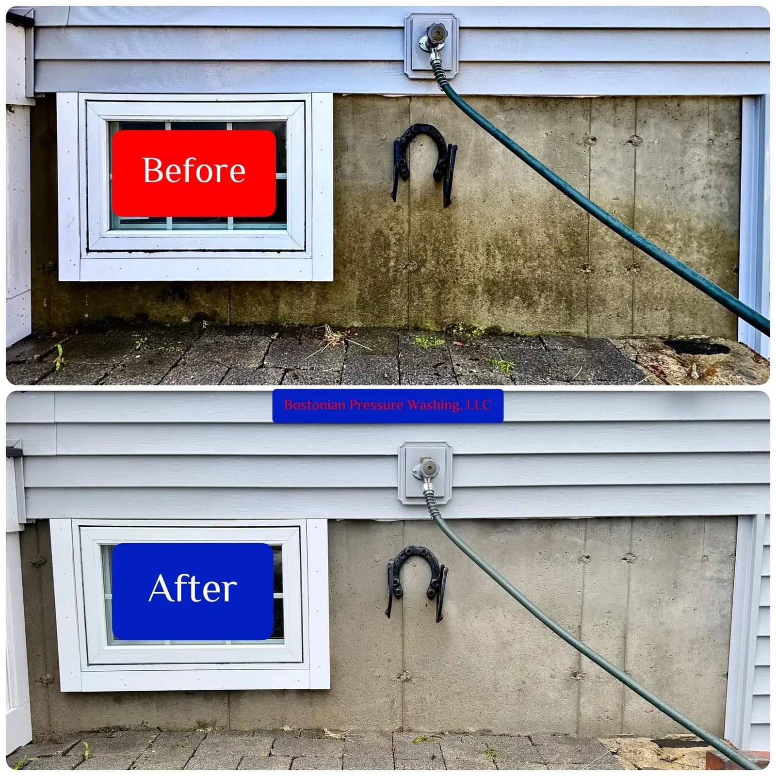 Before and after exterior utility wall cleaning