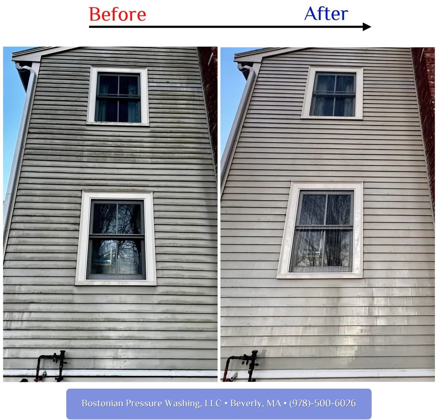 Before and after two-story siding wash