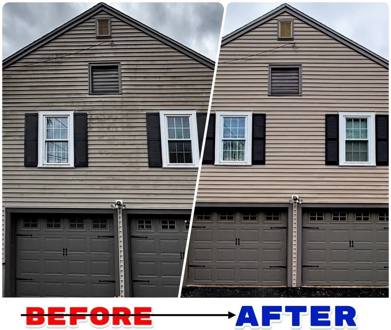 Before and after garage-front soft washing