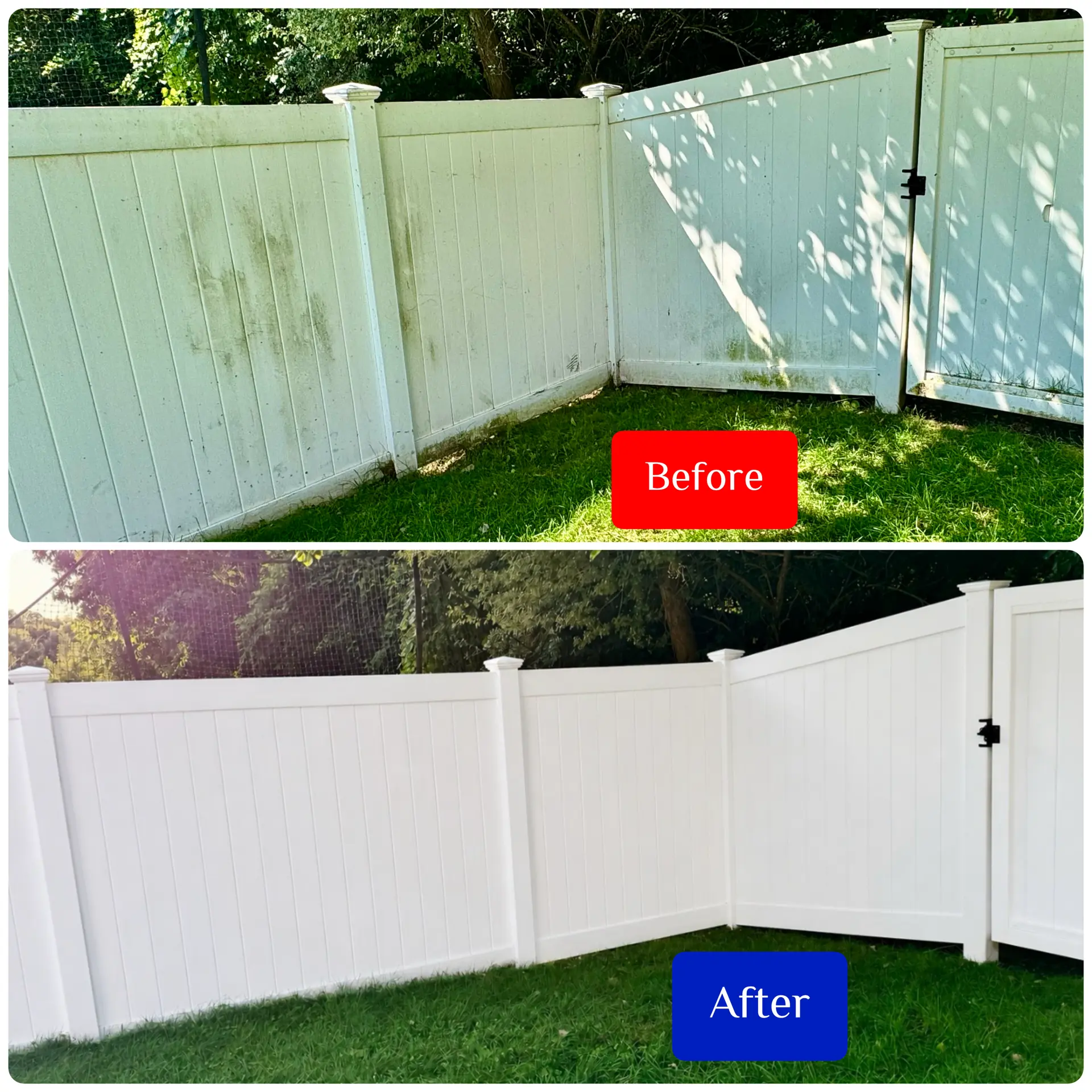 Before and after vinyl fence washing