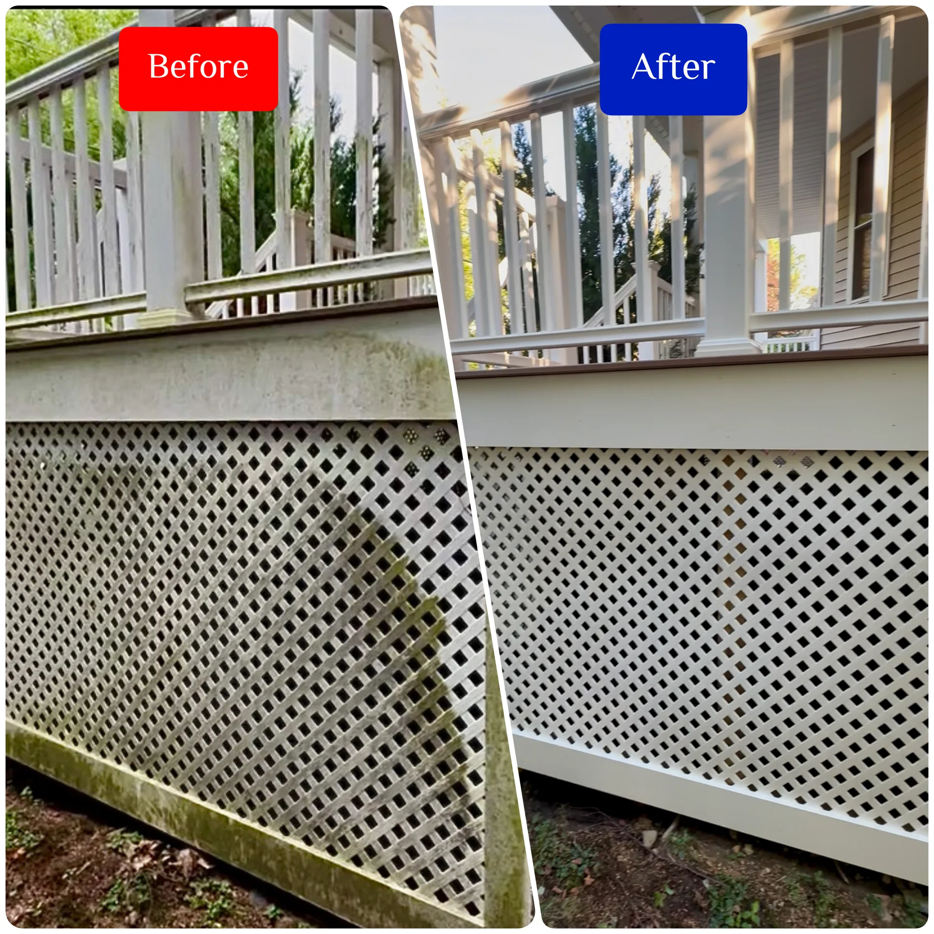 Before and after cleaning of algae-covered deck lattice skirting and railings