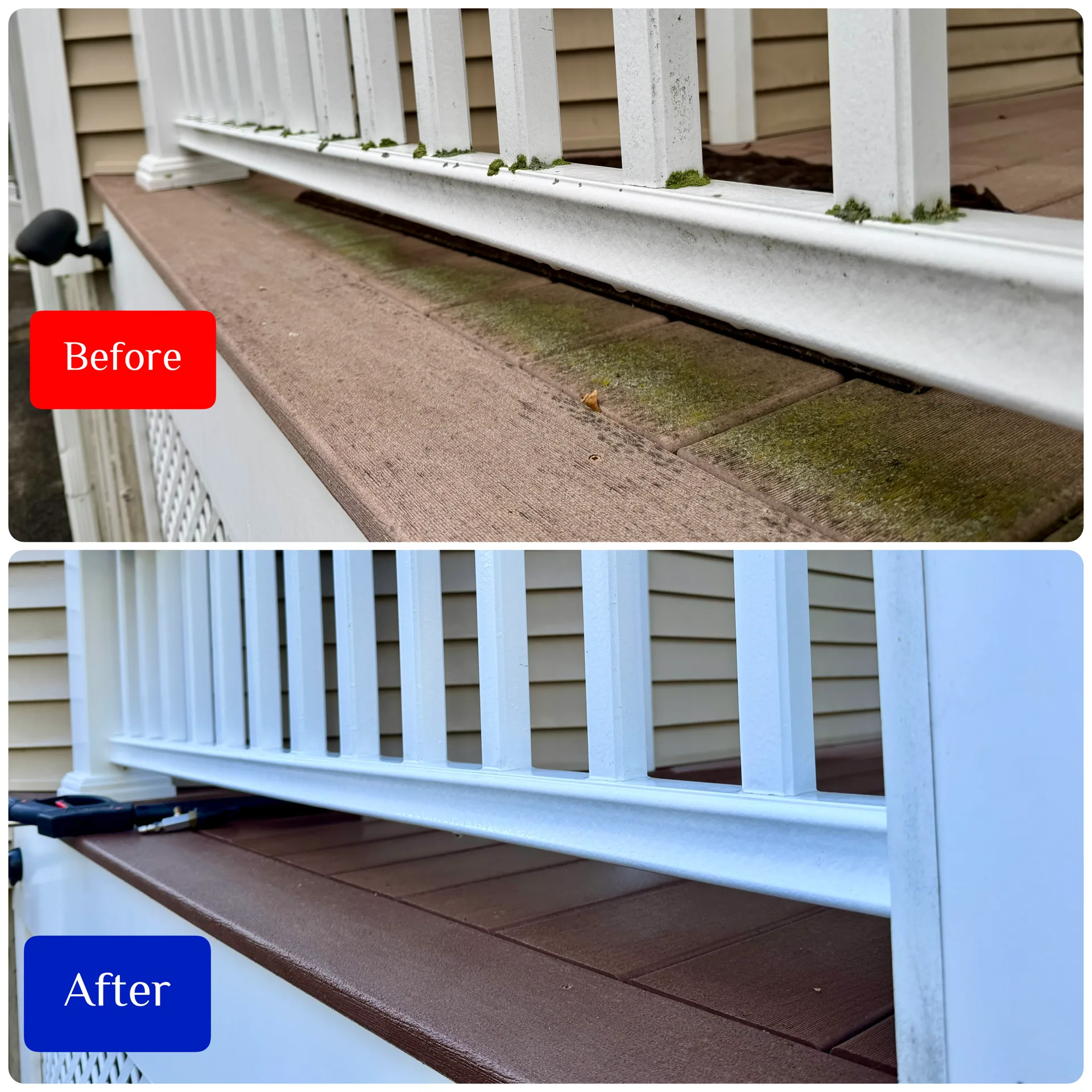 Before and after cleaning of a moss-covered porch step and railing