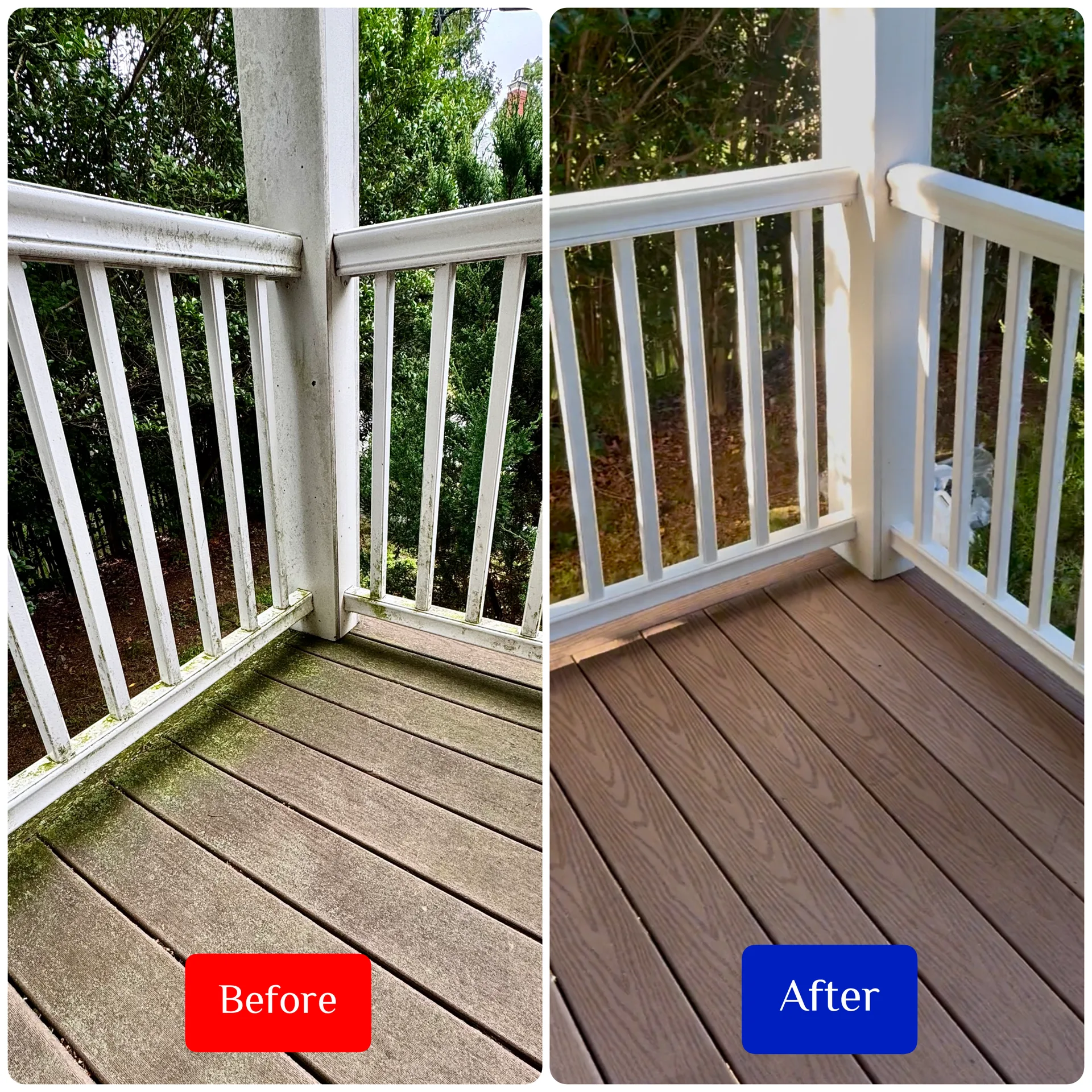 Before and after washing of a composite deck corner and white railings
