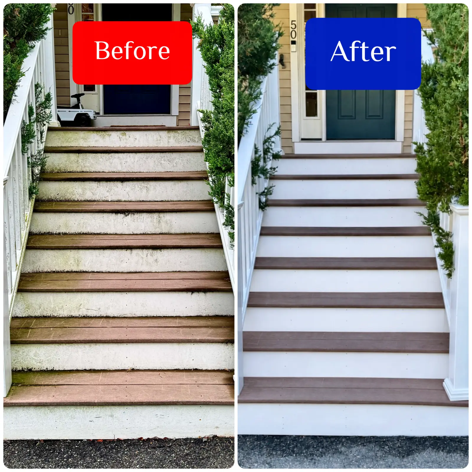 Before and after pressure washing of front entry stairs and railings