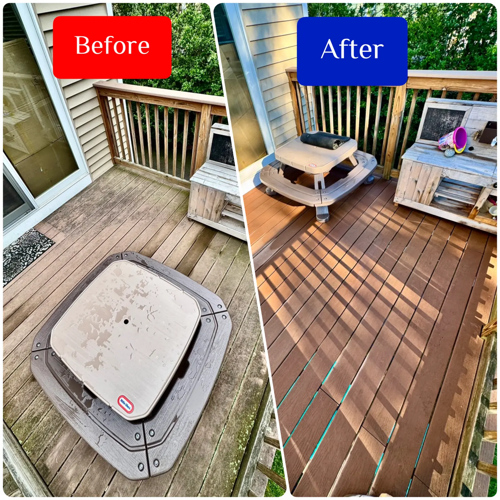 Before and after cleaning of a second-story wood deck and play area